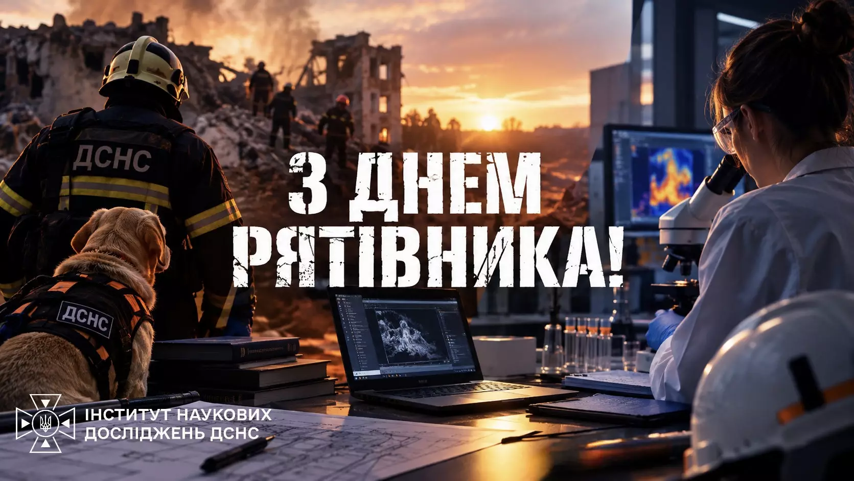 Привітальна листівника до дня рятівника, де зображений пошуковий собака, рятувальники ДСНС та науковиця.